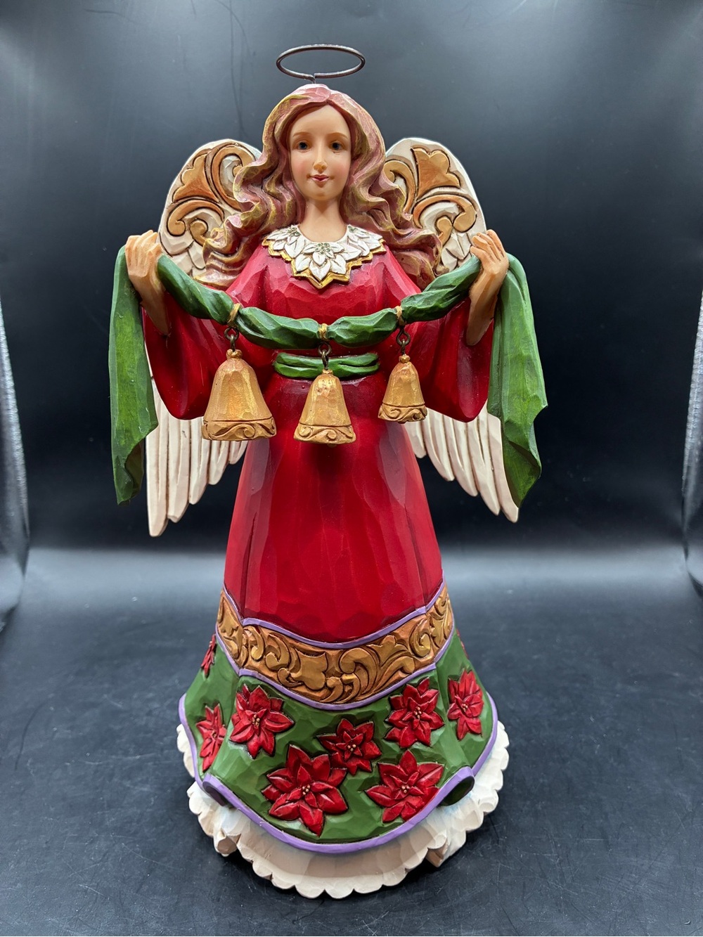 Jim Shore Heartwood Creek Angel “Bells Ring Where Angels Sing” w Poinsettia